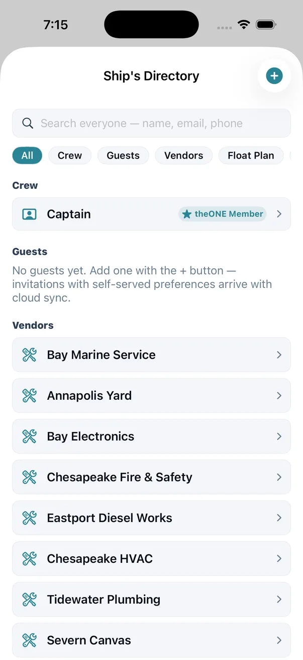 The Ship&rsquo;s Directory: one search field over crew, guests, vendors and float-plan contacts. The teal star is read from the real membership link, not a toggle somebody has to remember to set.