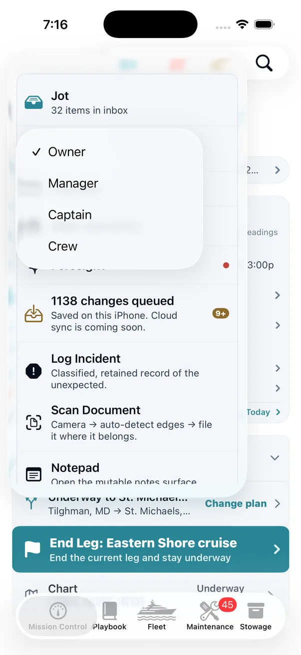 Switching role. Owner, Manager, Captain, Crew &mdash; the order is the hierarchy, and it is enforced in the code rather than by hiding buttons.