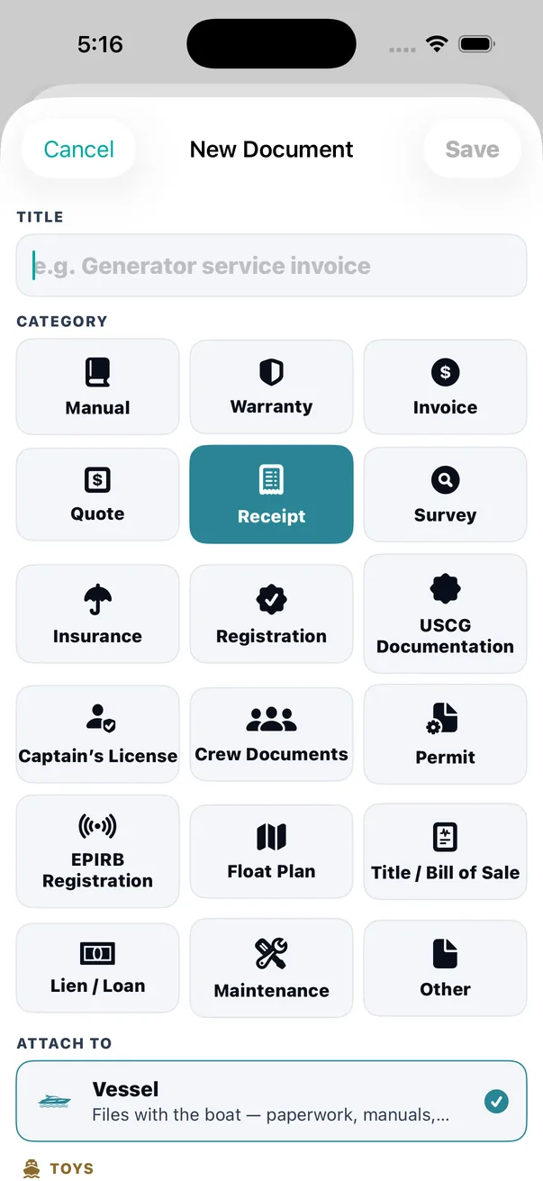 All eighteen, on one screen, at the moment you file. And underneath: what this document is <em>about</em> &mdash; the vessel, or a specific tender or toy.