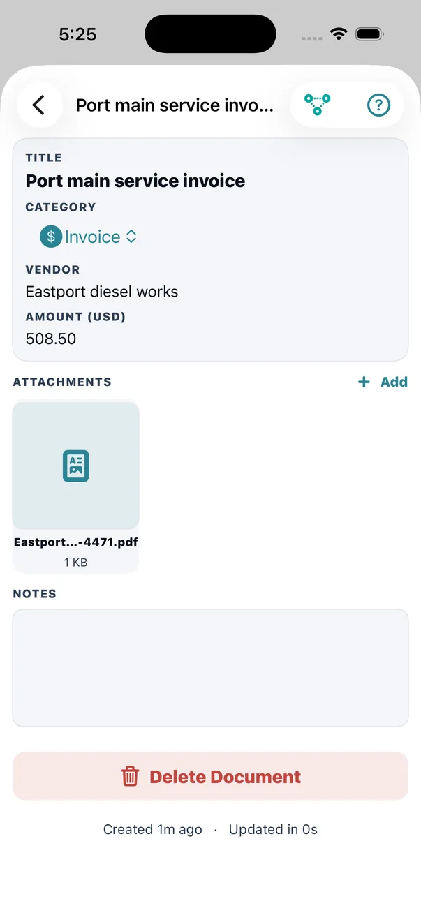Filed. <em>Port main service invoice</em>, Eastport Diesel Works, $508.50, with the original one tap away.