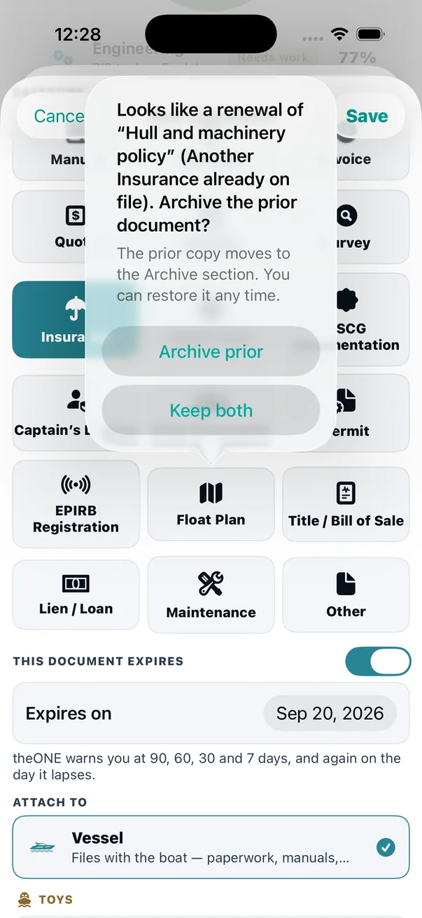 Saving a new policy, and the vault recognising it on its own: Looks like a renewal of &ldquo;Hull and machinery policy&rdquo;. Archive the prior document? &mdash; with the consequence spelled out before you choose (the prior copy moves to the Archive section; you can restore it any time) and Keep both sitting right beside it.