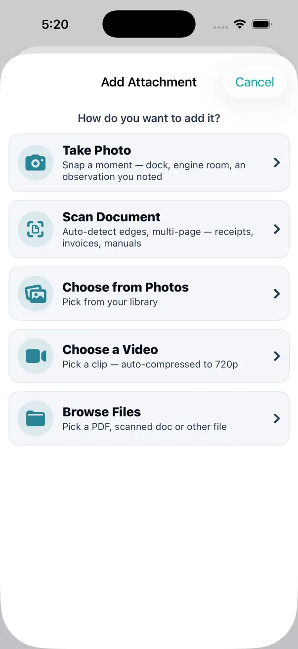 Five ways in, and the sheet says what each one is for rather than making you guess: a snap of the thing you noticed, a real multi-page scan with edge detection, the photo library, a video clip, or a file you already have.
