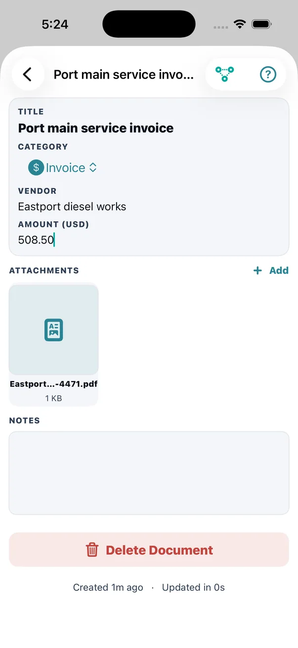 Then the fields, before it is filed: title, category, vendor, amount &mdash; with the source PDF attached to the record rather than replaced by it.