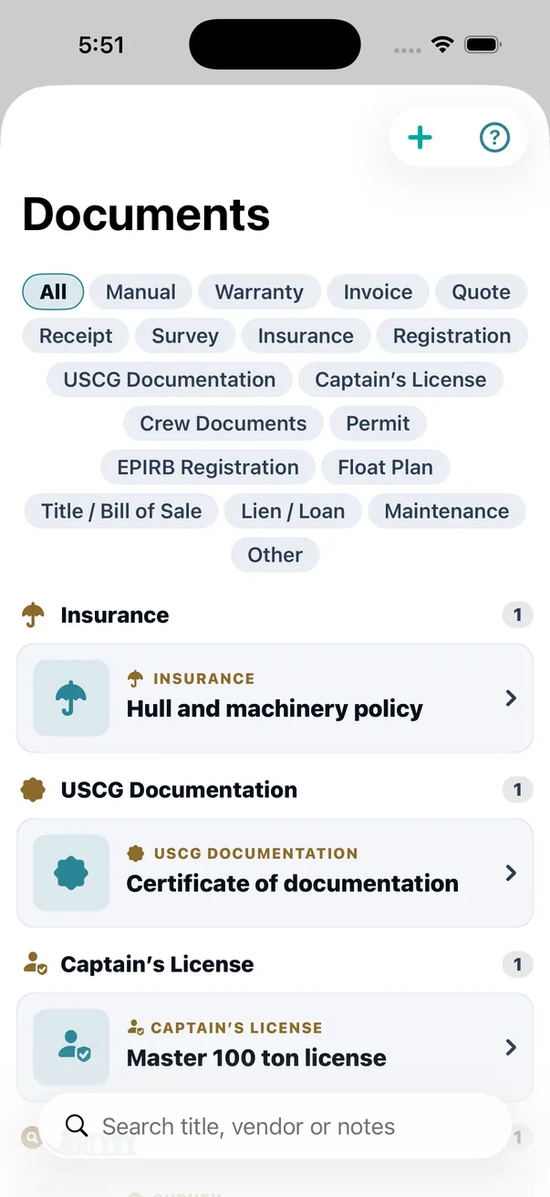 The vault, filtered or not: every category you actually hold, each row saying what kind of document it is before you read the title. Insurance, USCG documentation, a captain&rsquo;s licence &mdash; three different problems, one place.