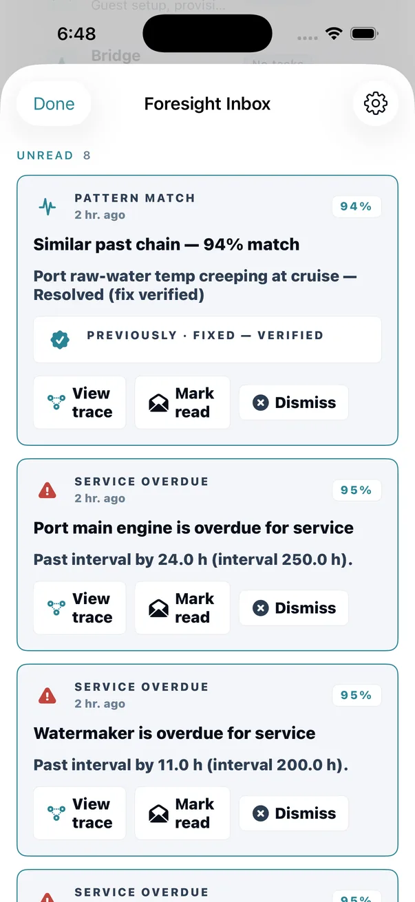 theONE&rsquo;s Foresight inbox: a pattern match at 94% carrying the outcome of the chain it matched, and beneath it an engine-hour check saying the port main engine is overdue for service.