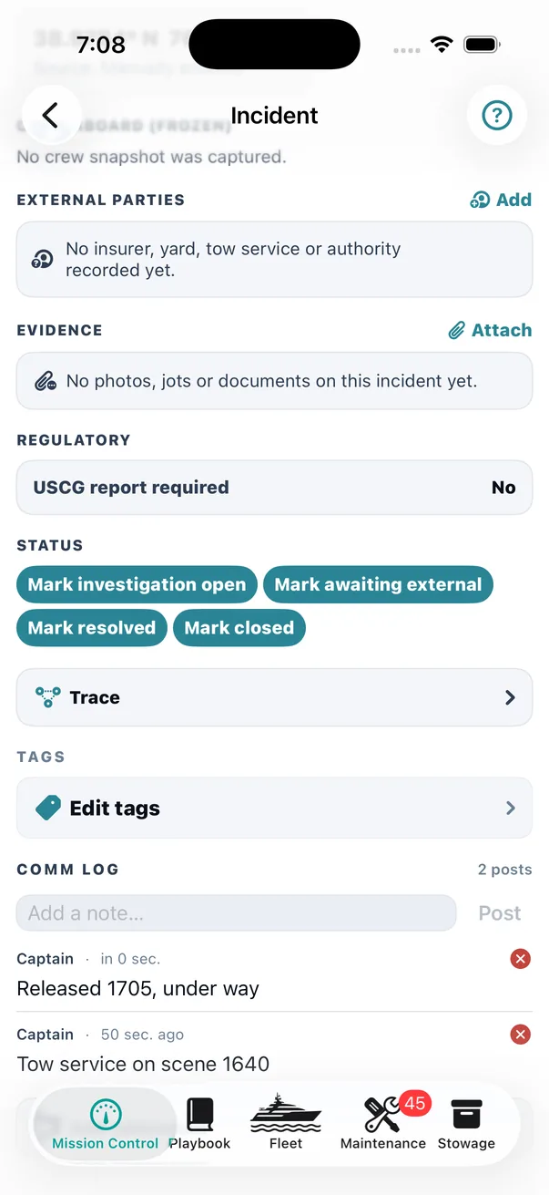 The same incident, further down. Status verbs that stay reachable after a close, Trace, tags &mdash; and a Comm Log carrying what was actually said at the time: tow service on scene 1640, then released 1705, under way.