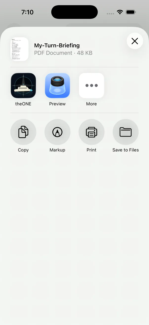 One tap, and it is a PDF in the iOS share sheet &mdash; 48&nbsp;KB, ready to save, print, or send to whoever asked. No account for them, no link that expires, no portal to log into.