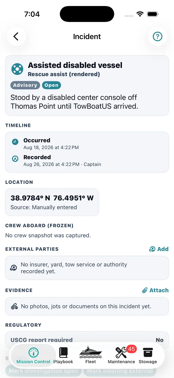 A real incident: stood by a disabled center console off Thomas Point until TowBoatUS arrived. Note the timeline &mdash; Occurred 18 August, Recorded 26 August, by the Captain. Two different facts, both kept.