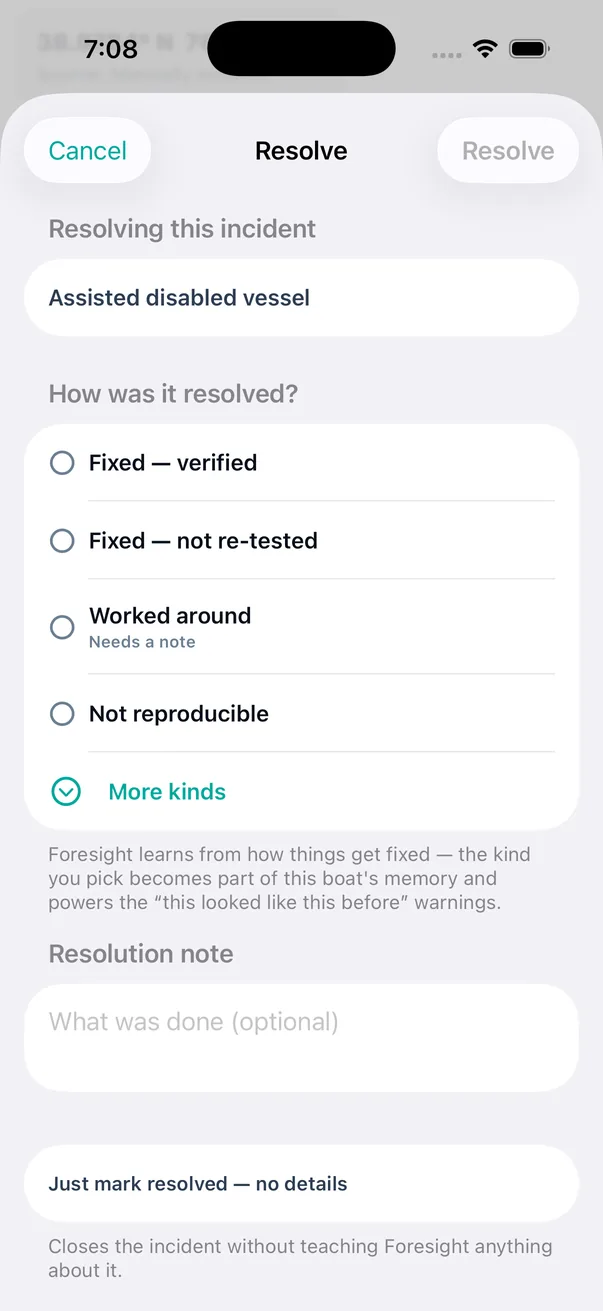 Closing a record asks how, not whether. Four kinds on the face of it and four more behind More kinds &mdash; and &ldquo;worked around&rdquo; is marked needs a note, because a workaround with no description is not a record of anything.