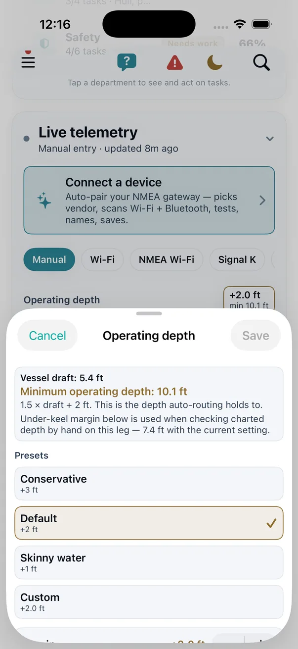 Behind it, both in full. The boat draws 5.4 ft, so the minimum operating depth is <strong>10.1 ft</strong>, and the sheet says where that comes from: <em>1.5 &times; draft + 2 ft. This is the depth auto-routing holds to.</em> Underneath, separately labelled, the hand-verification figure. Two numbers, two jobs, one screen.