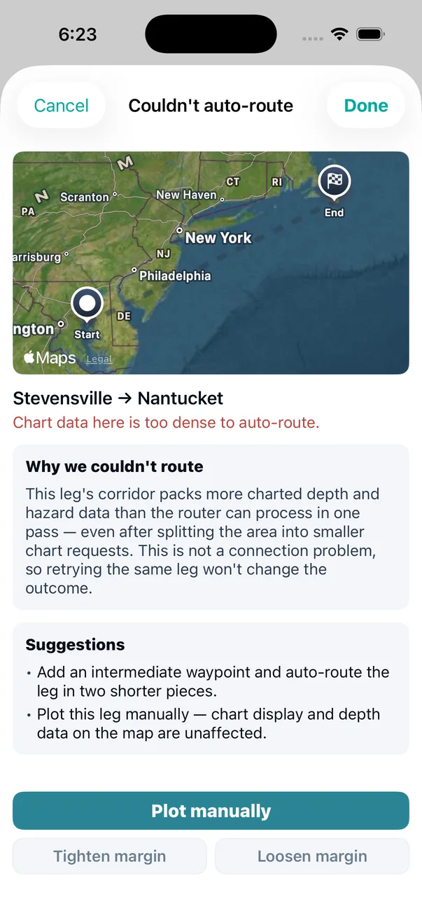 And the long-haul limit, said out loud: <em>this leg&rsquo;s corridor packs more charted depth and hazard data than the router can process in one pass. This is not a connection problem, so retrying the same leg won&rsquo;t change the outcome.</em> Then it tells you what will &mdash; split it in two.