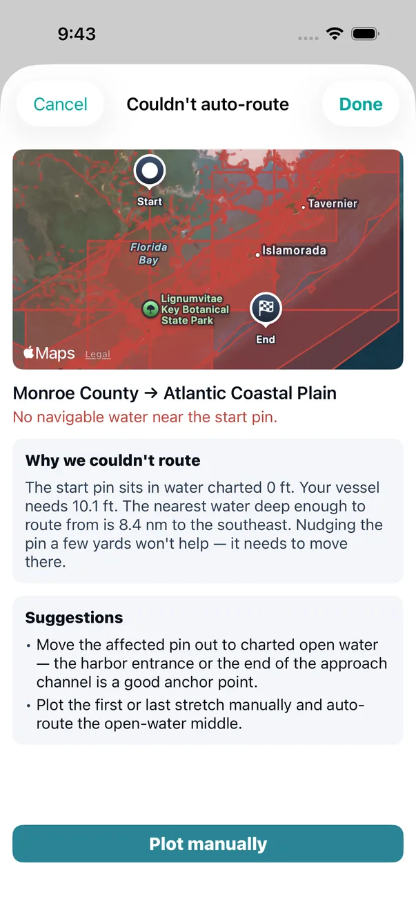 theONE&rsquo;s Couldn&rsquo;t auto-route sheet for a start pin in Florida Bay, naming the depth under the pin, the depth the boat needs, and the distance and direction to water deep enough.