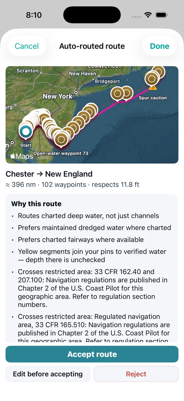 A real one, out of the app: <strong>Chester &rarr; New England, &asymp; 396 nm over 102 waypoints, respecting 11.8 ft.</strong> Out of the Chesapeake, around Cape May, up the Jersey shore and offshore to Nantucket &mdash; the route a delivery skipper draws. Under it, <em>Why this route</em>: charted deep water rather than only channels, maintained dredged water where charted, fairways where available, and every restricted area it crosses named by its own CFR section.