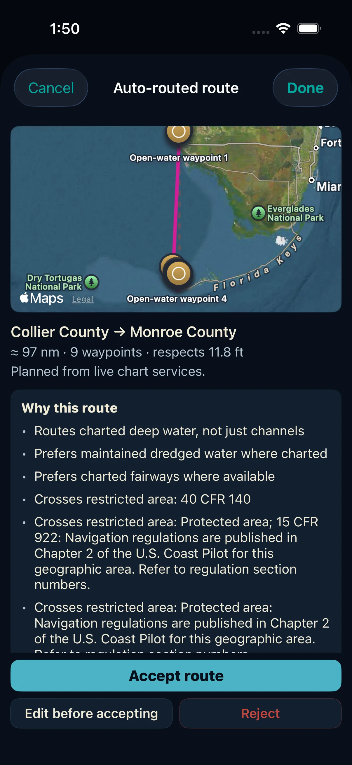 theONE&rsquo;s routing: an open-water route from Naples down to Key West, about 97 nautical miles over nine waypoints, outside the Keys rather than through them.
