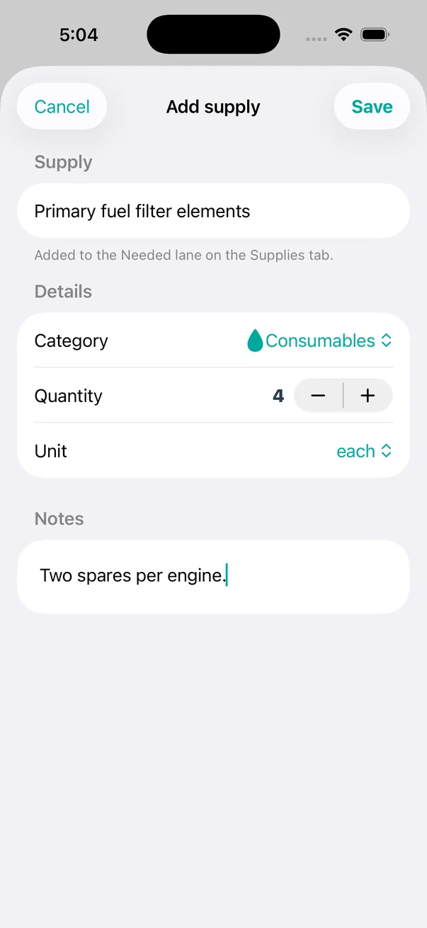 Adding one. It goes straight to the Needed lane, with a note that survives the ordering: <em>two spares per engine.</em>