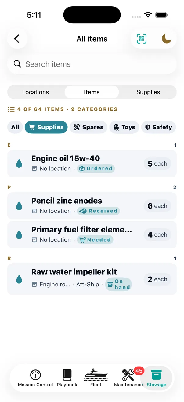 All four states on one screen: engine oil <strong>ordered</strong>, zinc anodes <strong>received</strong>, fuel filters still <strong>needed</strong> &mdash; and the impeller kit <strong>on hand</strong>, in the engine room, Aft-Ship.