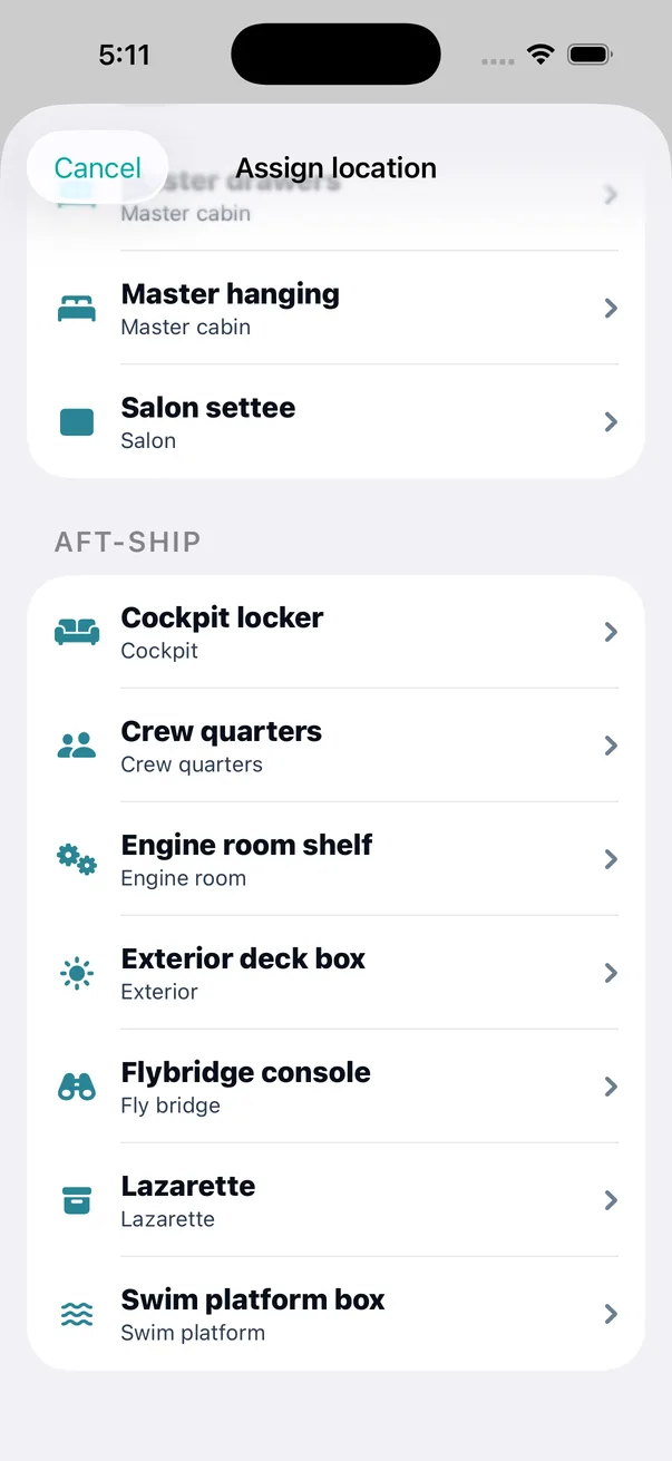 Stowing it. Locations are grouped the way a boat is &mdash; this is the Aft-Ship set: cockpit locker, crew quarters, engine room shelf, lazarette, swim platform box.