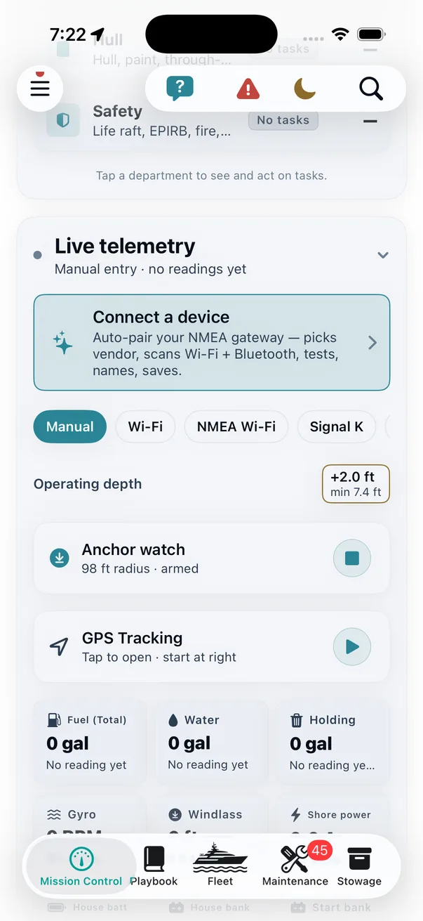 Anchor watch armed at a 98 ft radius, with GPS tracking beside it &mdash; both on Mission Control, both one tap from the helm.