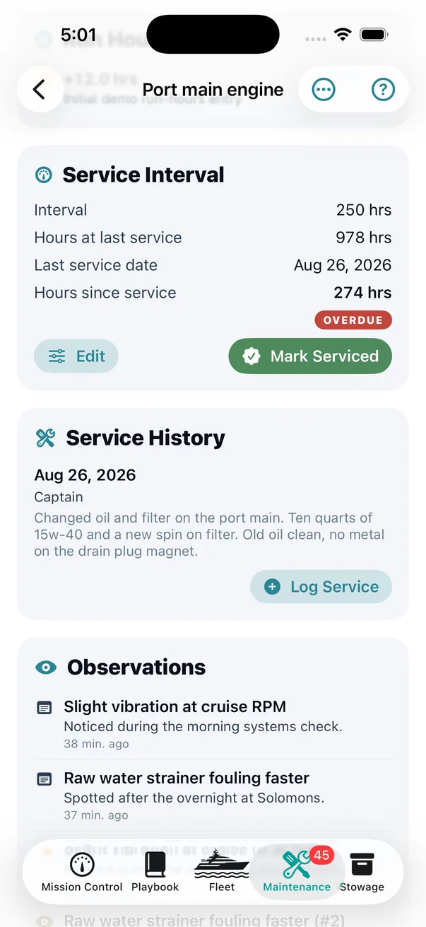 The port main, after. Interval, hours at last service, hours since &mdash; and underneath, the service history carrying the exact words that were typed into the mark-done sheet, against the person who typed them.