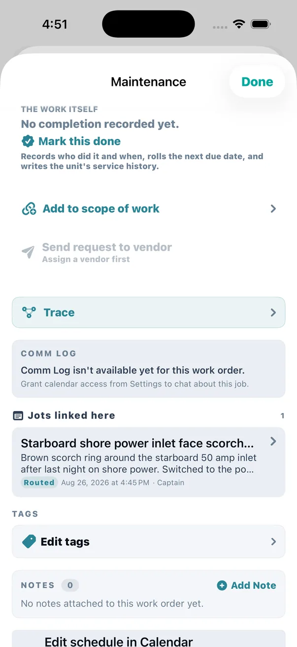 The job, with <strong>Jots linked here</strong> carrying the original wording, the timestamp and the person. Nothing detached from where it came from.