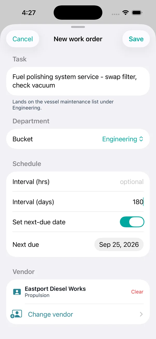 Filled in: a 180-day fuel-polishing service, next due 25 September, assigned to Eastport Diesel Works.