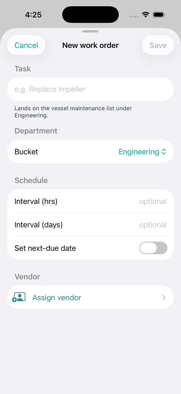 A new work order. Task, department, and a schedule that runs on hours or days &mdash; whichever this job actually follows.