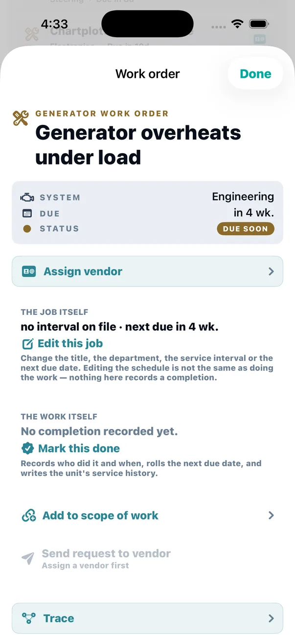 The job itself. Note the two headings: <strong>the job</strong> is the schedule, <strong>the work</strong> is whether anybody did it.